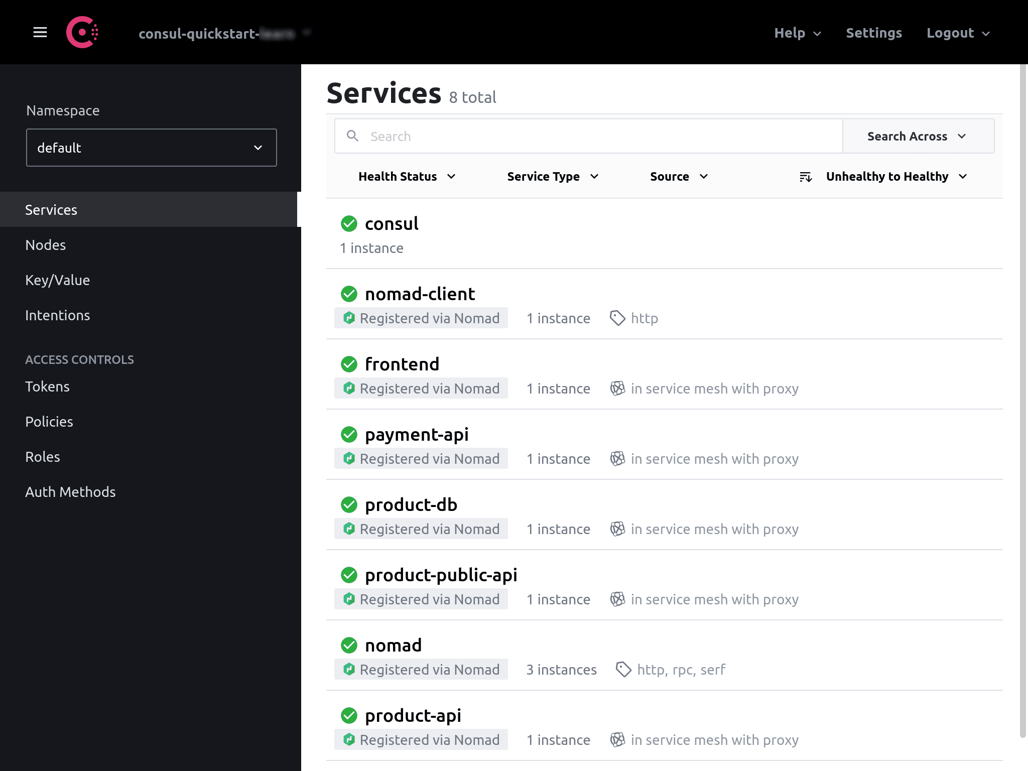 Consul UI services HashiCups