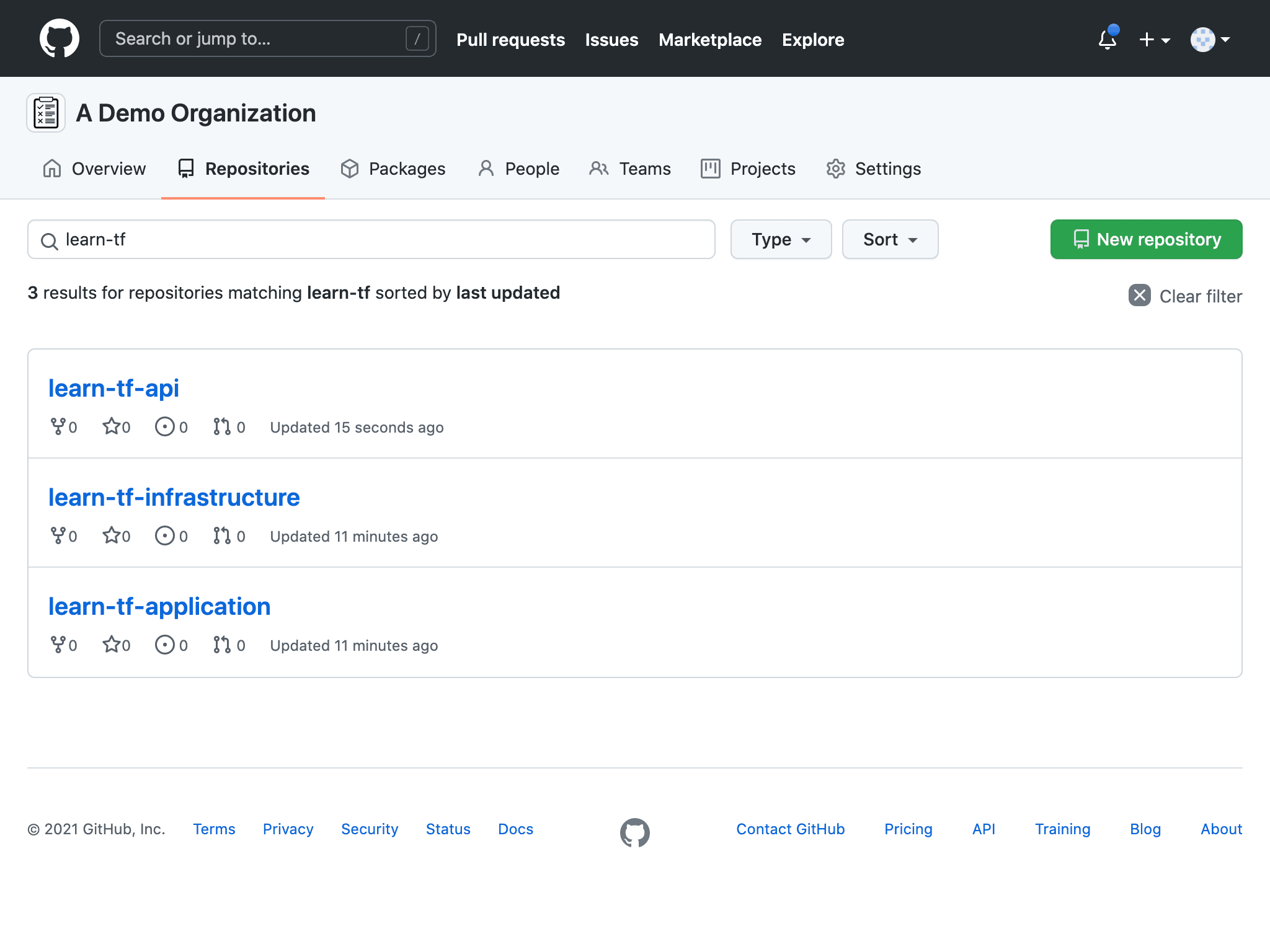 Organization repository contains three repositories starting with `learn-tf`, including the new API repository.