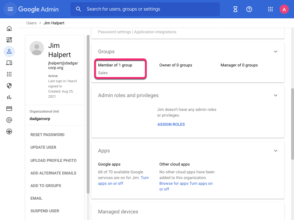 Google Workspace group assignment for Jim Halpert