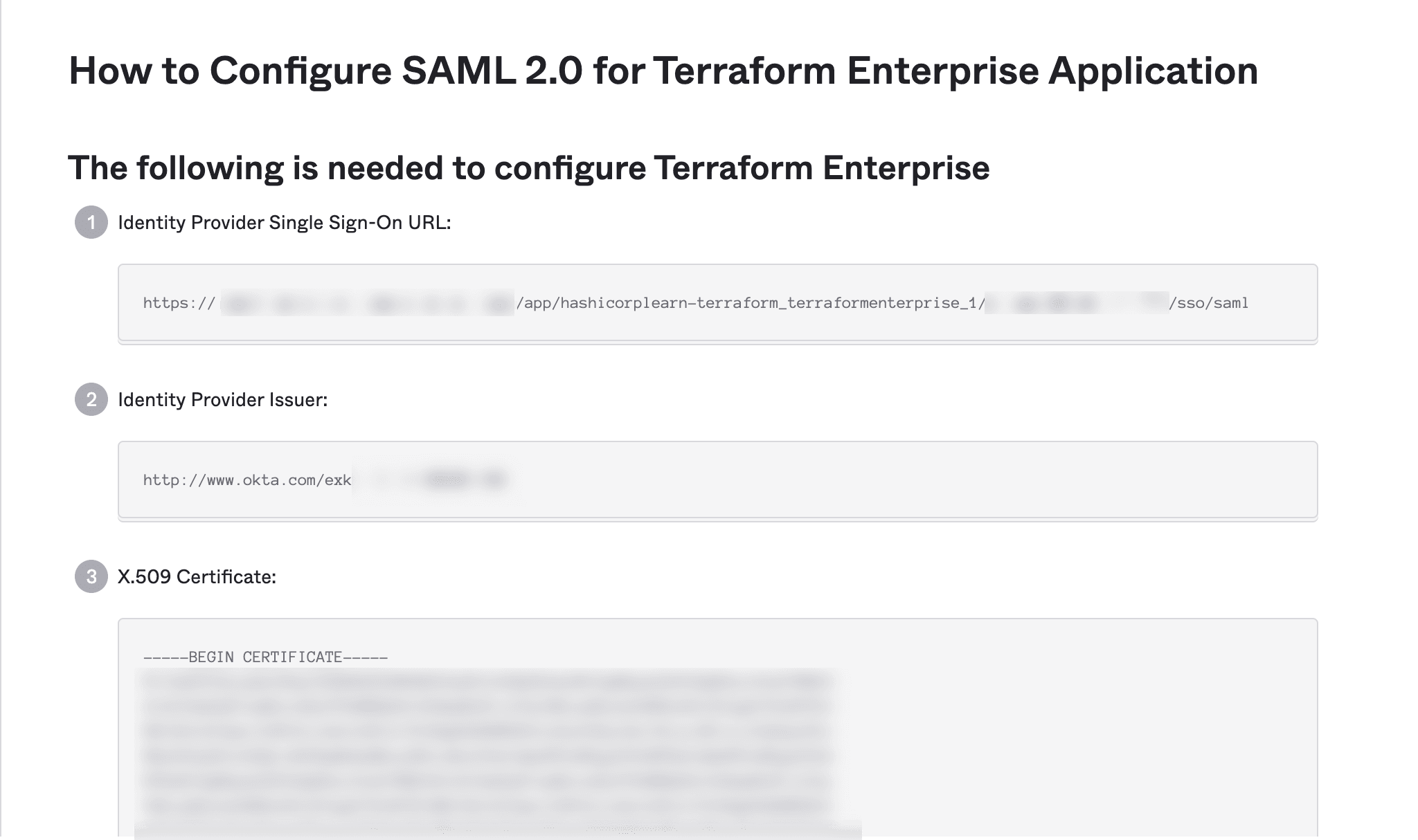 SAML Configuration values to finalize configuration in Terraform Enterprise