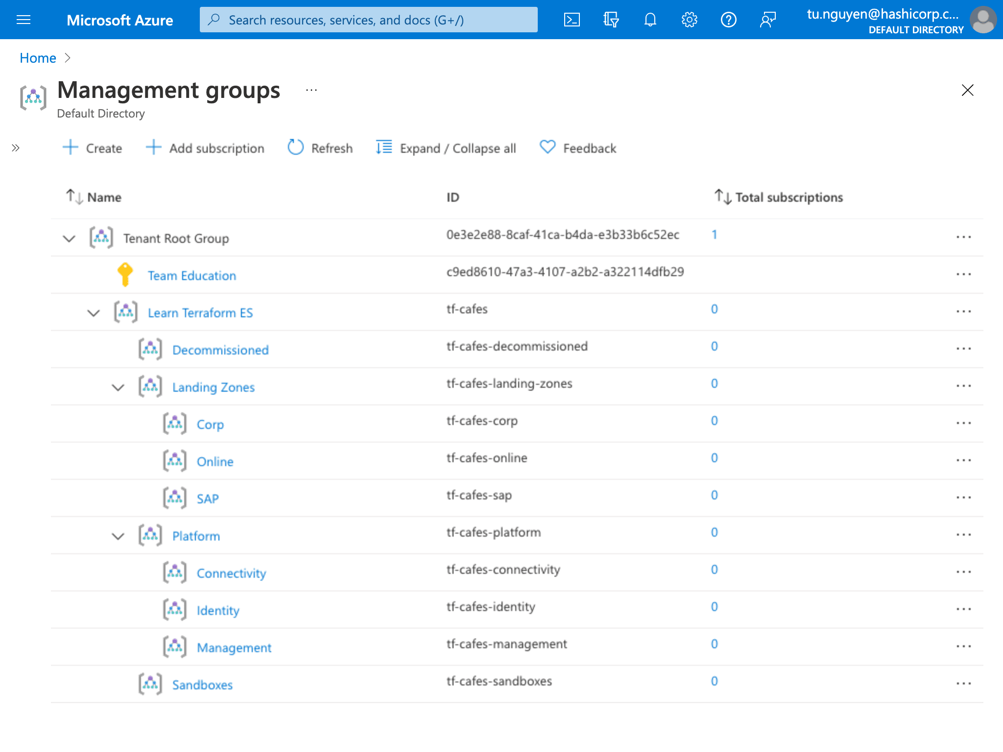 Page that lists all the management groups provisioned by the caf-enterprise-scale module.