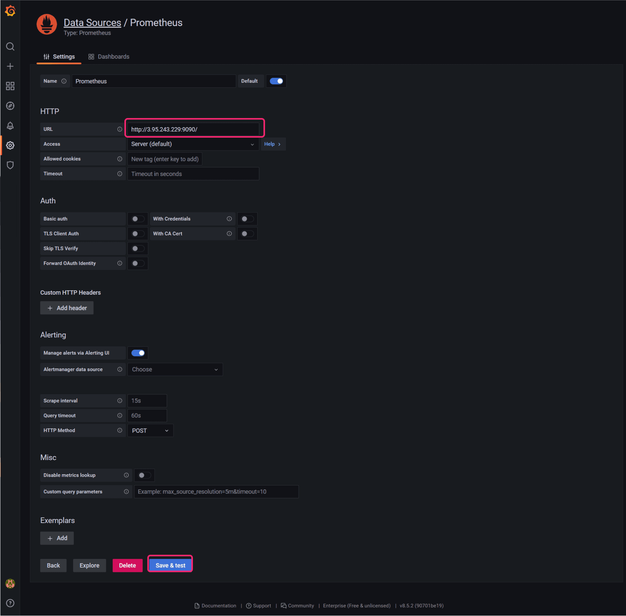 The configuration screen for the Prometheus data source, with a highlight box around the URL field showing the URL of the Prometheus server