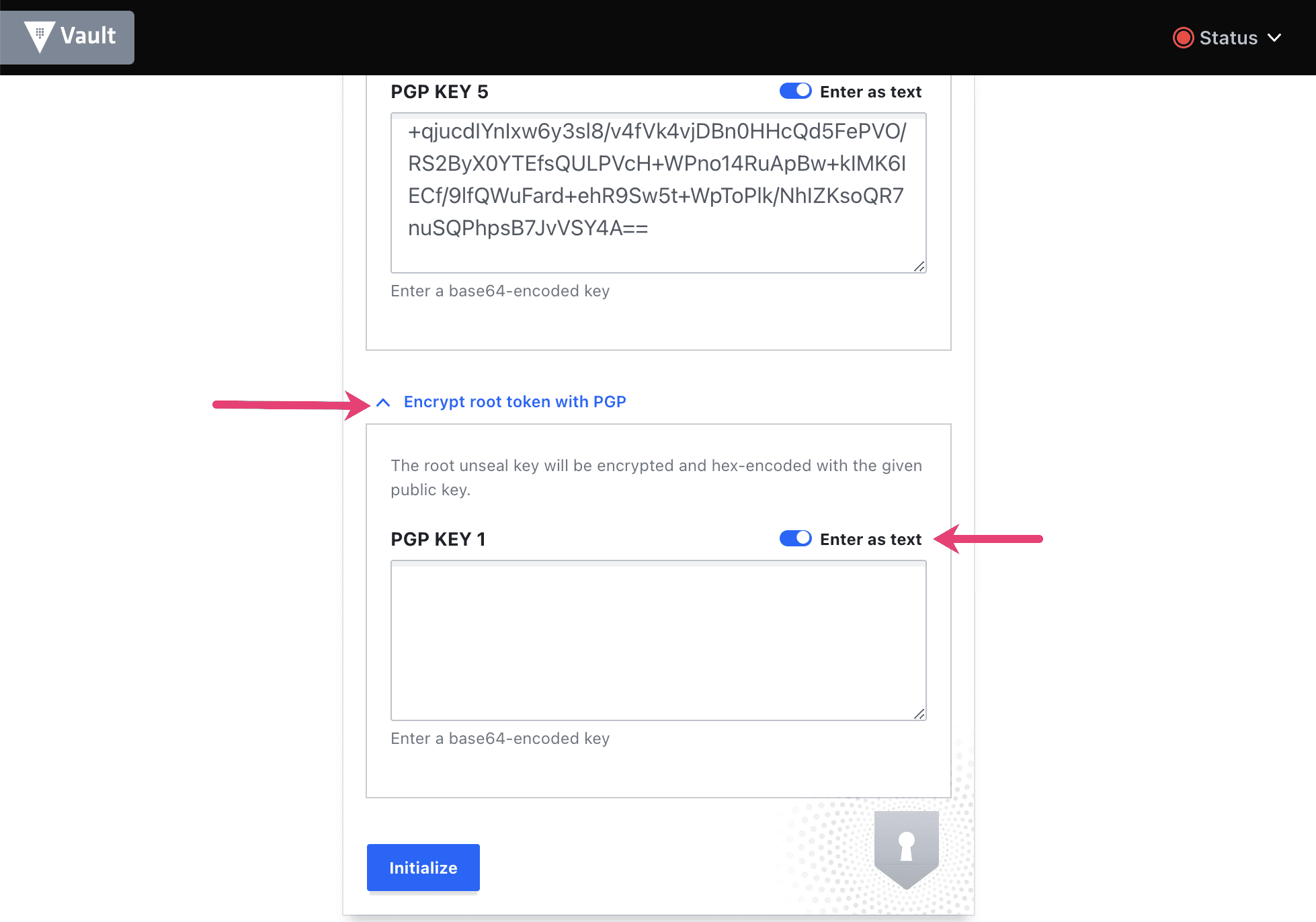 Screen shot showing encrypt root token dialog in Vault UI